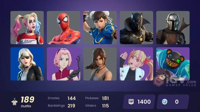 (PC PSN XBOX) 189 skins | CHUN-LI / LARA CROFT / RYU / HARLEY QUINN / Pitch Patroller | Menace | The Imagined | Valeria | Ravage | Nezumi | Snap