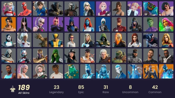 (PC PSN XBOX) 189 skins | CHUN-LI / LARA CROFT / RYU / HARLEY QUINN / Pitch Patroller | Menace | The Imagined | Valeria | Ravage | Nezumi | Snap