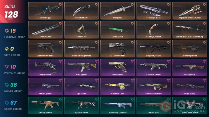 NA+128 skins+54000VP+Silver 1+Genesis Arc+Magepunk Shock Gauntlet+roken Blade of the Ruined King+Spline Dagger+Byteshift Knife+Velocity Karambit