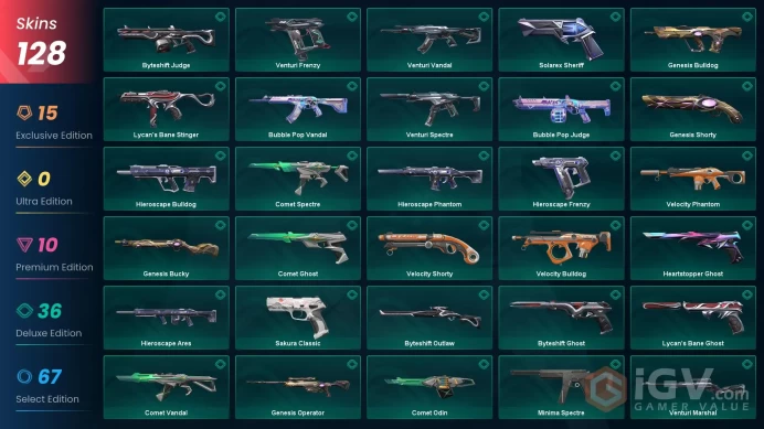 NA+128 skins+54000VP+Silver 1+Genesis Arc+Magepunk Shock Gauntlet+roken Blade of the Ruined King+Spline Dagger+Byteshift Knife+Velocity Karambit