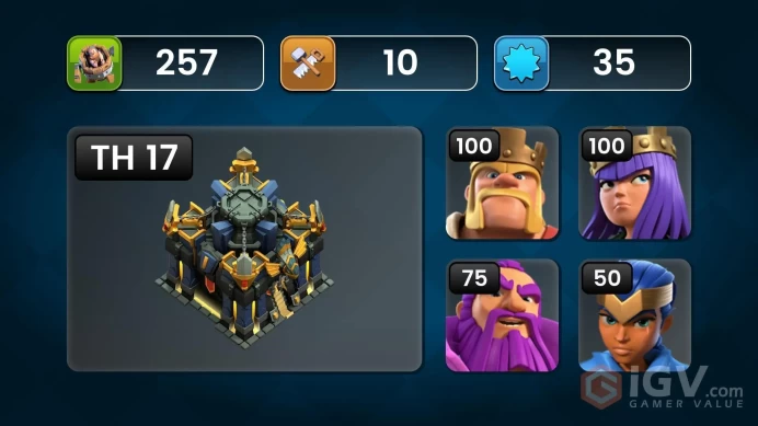 TH 17 | XP 257 | 4 HERO MAX | ATB 6K | TROPHIES 13K | WAR STAR 4047 | SKIN 17 | AMAZING EQUIPMENT | SAFE 100% | INSTANT DELIVERY 