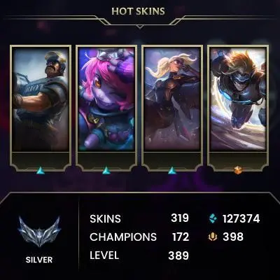 EUW | 319 SKIN | 127K+ BE | 389 LVL | SILVER I | MAIL CHANGEABLE LEAGUE OF LEGENDS ACCOUNTS
