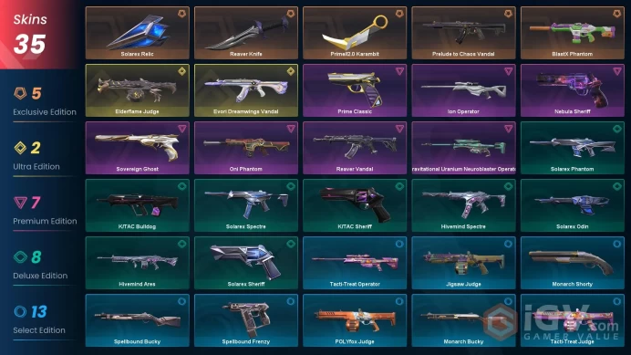 NA - LVL 59 - Unranked - 3 Knifes - 35 Skins(~ 28,825 VP) - Evori Dreamwings Vandal, Prelude to Chaos Vandal, Solarex Relic, Reaver Knife, Blas