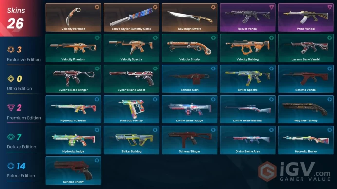 EU - LVL 55 - Unranked - 3 KNIVES - 26 SKINS(~10,650 VP) Sovereign Sword, Velocity Karambit, Yoru's Stylish Butterfly Comb, Reaver Vandal, Prim