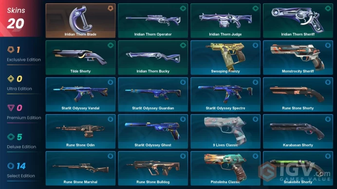NA - LVL 191 - Unranked - 1 KNIFE - 20 SKINS Iridian Thorn Blade, Starlit Odyssey Vandal