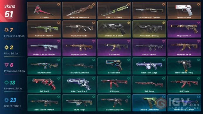 EU - LVL 53 - Unranked - 3 Knives - 51 Skins(~33,500 VP) Protocol 781-A Sheriff, RGX 11z Pro Phantom, RGX 11z Pro Firefly, Magepunk Sparkswitch