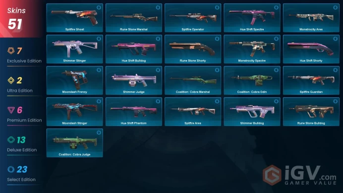 EU - LVL 53 - Unranked - 3 Knives - 51 Skins(~33,500 VP) Protocol 781-A Sheriff, RGX 11z Pro Phantom, RGX 11z Pro Firefly, Magepunk Sparkswitch