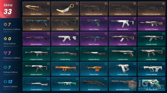 EU - LVL 45 - Unranked - 2 Knives - 33 Skins(~31,200 VP) - Prelude to Chaos Vandal, Blade of Chaos, Prelude to Chaos Collection, Prime2 Karambi