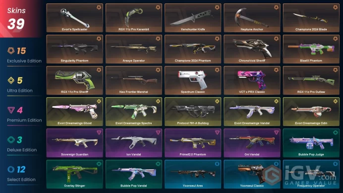 EU - LVL 26 - Unranked - 5 Knives - 39 Skins (~61,800 VP) - Evori Dreamwings Vandal, Neptune Anchor, Champions 2024 Blade, RGX 11z Pro Karambit