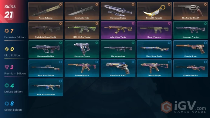 EU - LVL 49 - Unranked - 4 Knives - 21 Skins(~20,725 VP) RGX 11z Pro Vandal, Prime2 Karambit, Hieroscape Blades, Prelude to Chaos Vandal, Recon