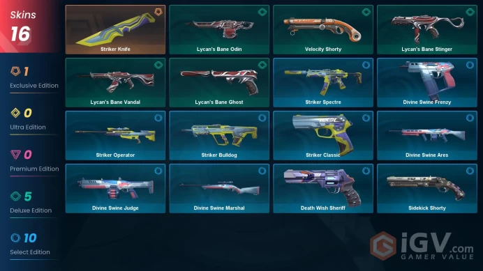 EU - LVL 113 - Unranked - 1 Knife - 16 Skins Striker Knife, Lycan's Bane Vandal