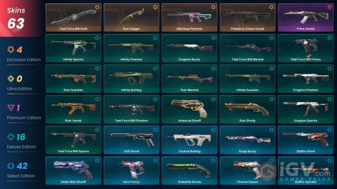 EU - LVL 154 - Unranked - 2 Knives - 63 Skins(~ 7,400 VP) Prelude to Chaos Vandal, Glitchpop Phantom, Ruin Dagger, Prime Vandal