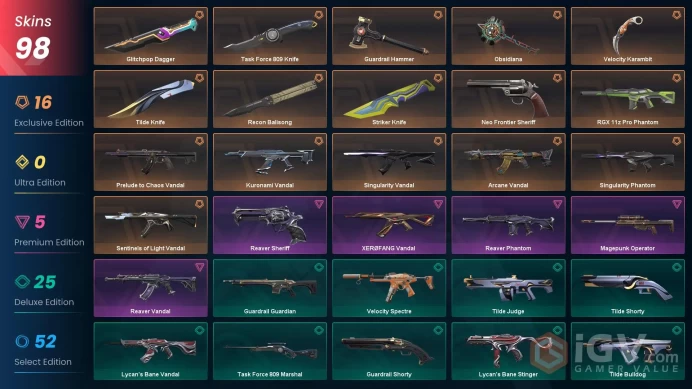 EU - LVL 198 - Unranked - 8 KNIVES - 98 SKINS(~35,650 VP) Singularity Phantom, Kuronami Vandal, Arcane Vandal, Recon Balisong, RGX 11z Pro Phan