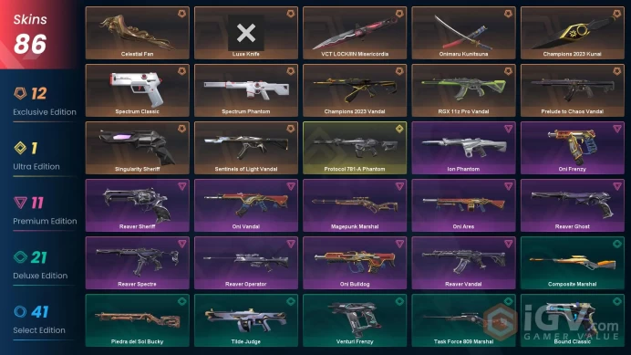 EU - LVL 89 - Unranked - 5 Knives - 86 Skins(~ 60,165 VP) - Champions 2023 Kunai, VCT LOCKIN Miseric¢rdia, Celestial Fan, Onimaru Kunitsuna, Pr