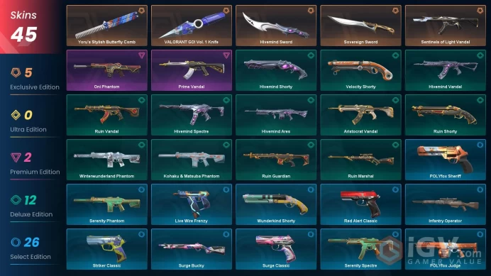 EU - LVL 174 - Unranked - 4 Knives - 45 Skins (~ 22,825 VP) - Yoru's Stylish Butterfly Comb, VALORANT GO Knife, Sovereign Sword, Hivemind Sword