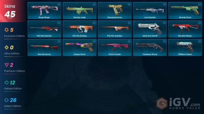 EU - LVL 174 - Unranked - 4 Knives - 45 Skins (~ 22,825 VP) - Yoru's Stylish Butterfly Comb, VALORANT GO Knife, Sovereign Sword, Hivemind Sword