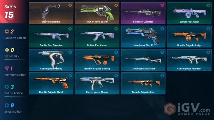 EU - LVL 56 - Unranked - 1 Knife - 15 Skins(~ 8,300 VP) - Reaver Karambit, RGX 11z Pro Sheriff, Forsaken Operator, Bubble Pop Vandal
