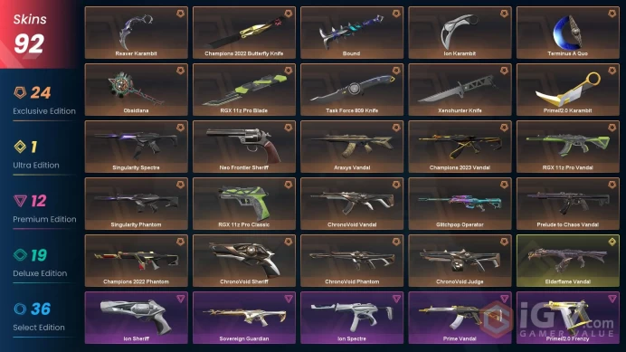 EU - LVL 98 - Unranked - 10 KNIVES - 92 SKINS (~86,350 VP)Elderflame Vandal, Terminus A Quo, Champions 2022 Butterfly Knife, RGX 11z Pro Blade,