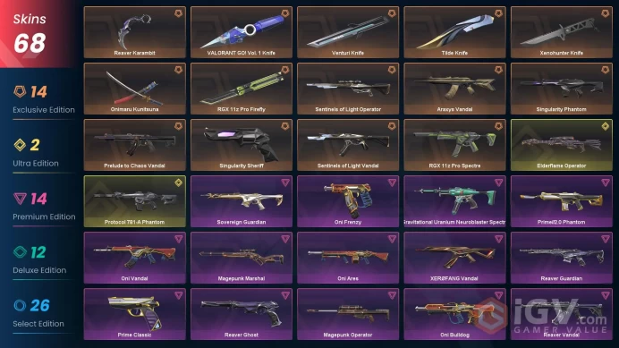 EU - LVL 86 - unranked - 7 Knives - 68 Skins(~ 66,175 VP) - Reaver Karambit, Singularity Phantom, Xenohunter Knife, VALORANT GO Knife, RGX 11z 