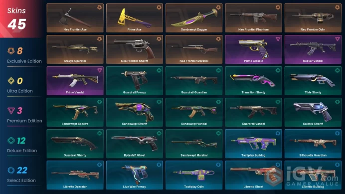 EU - LVL 248 - Unranked - 3 KNIVES - 45 SKINS(~24,100 VP) Sandswept Dagger, Araxys Operator,Prime Axe, Neo Frontier Axe, Neo Frontier Collectio