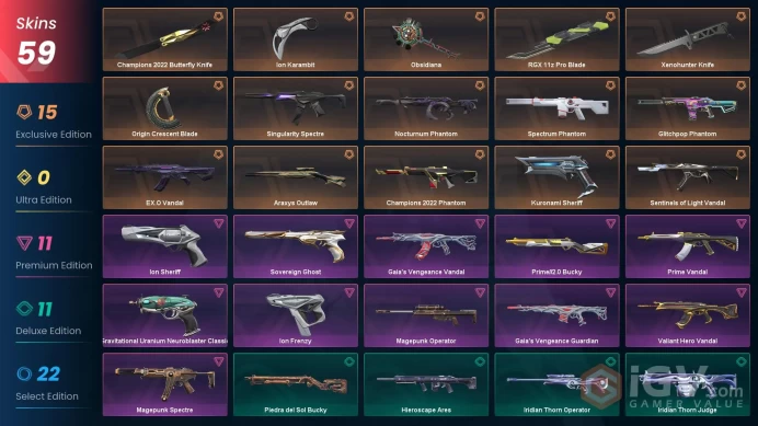 EU - LVL 98 - unranked - 6 Knives - 59 Skins(~ 62,525 VP) - Champions 2022 Butterfly Knife, Xenohunter Knife, Sentinels of Light Vandal, RGX 11