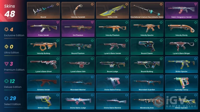 EU - LVL 123 - Unranked - 4 Knifes - 6 Skins (~ 10,625 VP) - Striker Knife, Velocity Karambit, Gravitational Uranium Neuroblaster Baton, Bound,