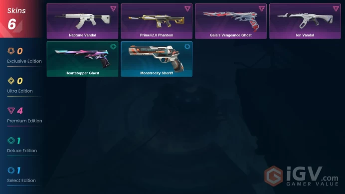 EU | 980 VP | 6 skins | Prime//2.0 Phantom | Ion Vandal | Gaia's Vengeance Ghost | Neptune Vandal | V0133
