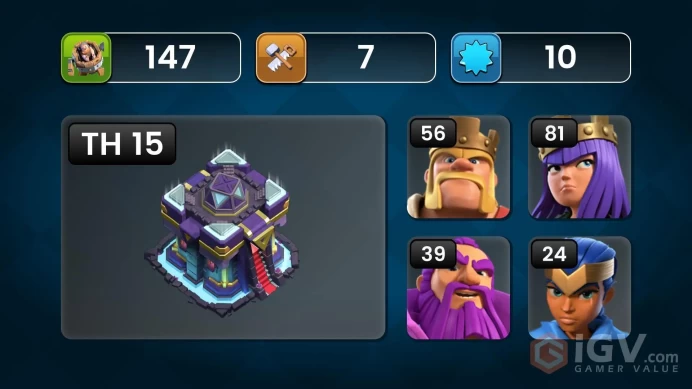 TH 15 Max, 4 Equipment Epic, Defense Max, Wall High Level, 250 League Medal, Magic Items