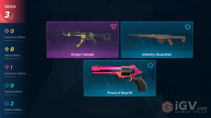 NA | 3 Skins | Silver 3 | Level 26 | Value VP 3525 | Origin Vandal | Infantry Guardian | Prism II Sheriff | Buddies 13 | 