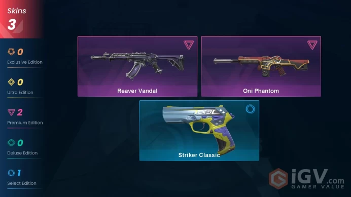 NA | 3 skins | Gold 2 | Level 32 | VP Value: 3550 | Oni Phantom | Reaver Vandal | Striker Classic | Buddies 25 | 