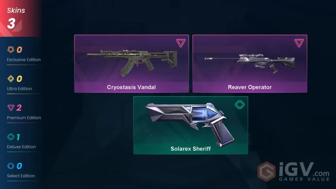 NA | 3 skins | Gold 2 | Level 41 | VP Value: 3550 | Reaver Operator | Cryostasis Vandal | Solarex Sheriff | Buddies 24 | 