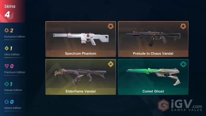 NA | 4 Skins | Gold | Spectrum Phantom | Elderflame Vandal | Prelude to Chaos Vandal | Comet Ghost | Buddies 41 | Level 62 | Full Access | Full 