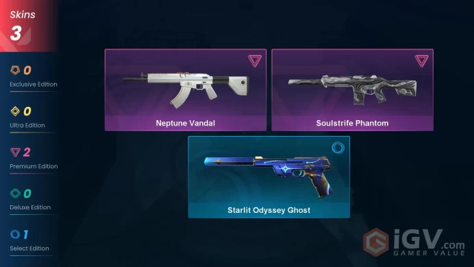 NA | 3 Skins | Gold | VP Value 3550 | Soulstrife Phantom | Neptune Vandal | Level 61 | 12 Agents | 