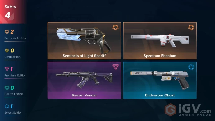NA | 4 Skins | Diamond | Level 35 | VP Value 7500 | Spectrum Phantom | Sentinels of Light Sheriff | Reaver Vandal | Full Access | Full Details B
