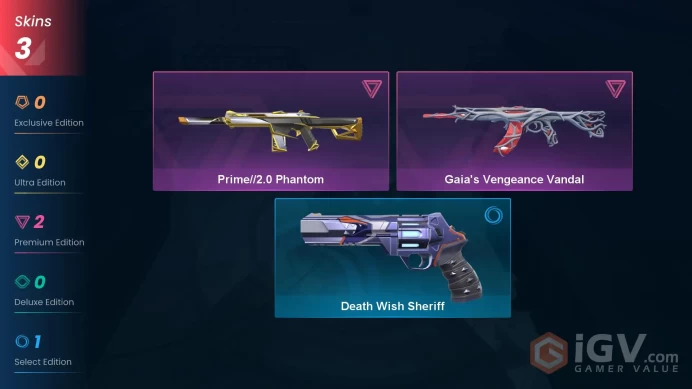 NA | 3 Skins | Platinum | VP Value 3550 | Prime//2.0 Phantom | Gaia Vengeance Vandal | Level 45 | 4 Agents |