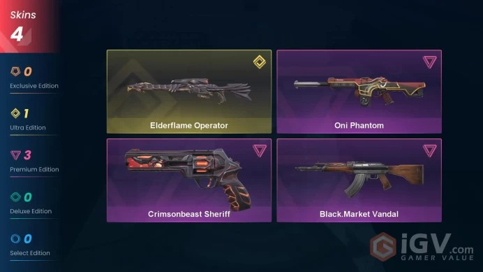 NA | 4 Skins | Diamond | Level 29 | VP Value 7800 | Elderflame Operator | Crimsonbeast Sheriff | Oni Phantom | Full Access | Full Details Below!