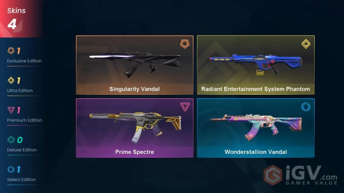 NA | 4 skins | Gold 2 | VP Value: 7800 | Radiant Entertainment System Phantom | Singularity Vandal | Wonderstallion Vandal | Buddies 12 | Full D