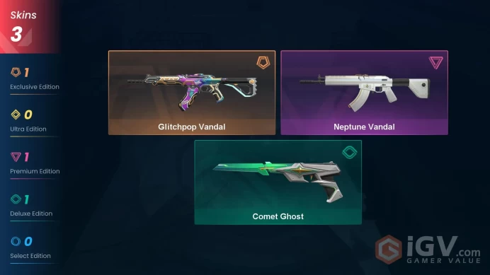 NA | 3 Skins | Diamond | Level 56 | VP Value 3950 | Glitchpop Vandal | Neptune Vandal | Comet Ghost | 