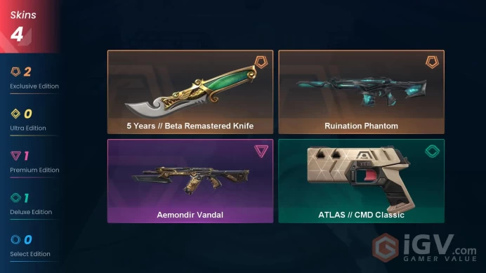 NA | 4 Skins | Platinum | 5 Years // Beta Remastered Knife | Ruination Phantom | Aemondir Vandal | Buddies 35 | Level 37 | Full Access | Full De