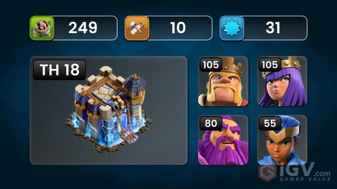 [ 5000 WAR STAT ] Th18, All 5 Heroes Max { 7 Rare Epic Max } Nc Free, 1200 Gem, ATB 5095, Tree 2014, 125 Wall Max, Nice Defenses, Android iOS