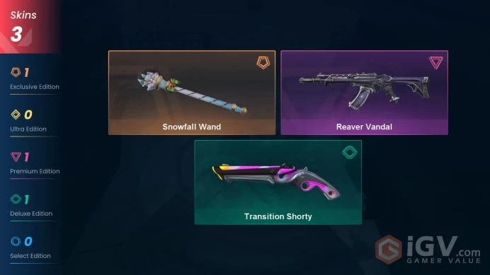 NA | 3 Skins | Silver 3 | Level 55 | Value VP 4325 | Snowfall Wand | Reaver Vandal | Transition Shorty | Buddies 46 |
