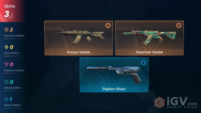 NA | 3 Skins | Silver 2 | Level 56 | VP Value 4350 | Imperium Vandal | Araxys Vandal | Buddies 48 |