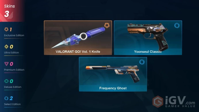 NA | 3 Skins | 1 Knife | Gold | Level 21 | VP Value 4550 | VALORANT GO! Vol. 1 Knife | Battlepasses 1 | 