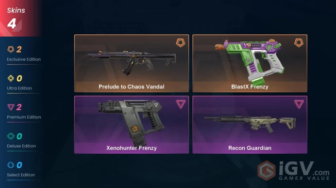 NA | 4 Skins | Platinum | Level 40 | 32 Buddies | Recon Guardian | Prelude to Chaos Vandal | BlastX Frenzy | Full Access | Full Access | Full De