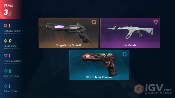 NA | 3 Skins | Silver 2 | Level 32 | Value VP 11175 | Singularity Sheriff | Ion Vandal | Storm Maw Classic | Buddies 29 |