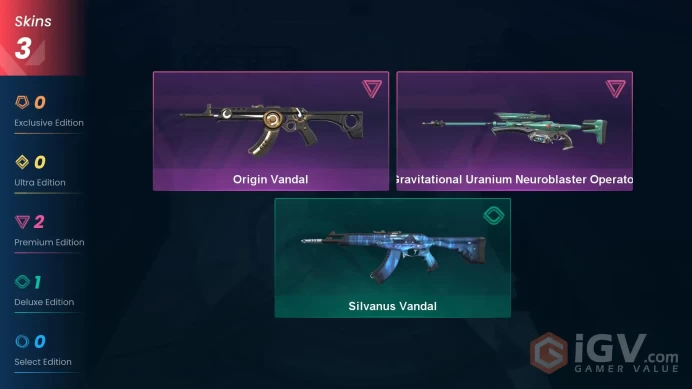 NA | 3 Skins | Silver 3 | Level 33 | Value VP 4825 | Origin Vandal | Gravitational Uranium Neuroblaster Operator | Buddies 14 | Agent 5 |