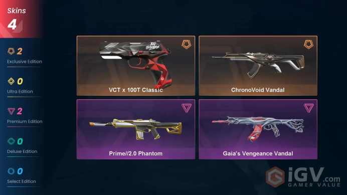 NA | 4 Skins | Platinum | ChronoVoid Vandal | Gaia's Vengeance Vandal | Prime//2.0 Phantom | VCT x 100T Classic | Buddies 49 | Level 51 | Full D