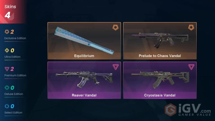 NA | 4 Skins | Gold | Equilibrium | Prelude to Chaos Vandal | Cryostasis Vandal | Reaver Vandal | Buddies 25 | Level 33 | Full Access | Full Det