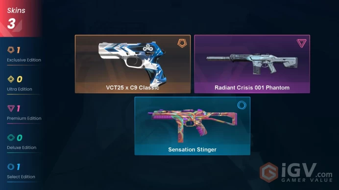 NA | 3 Skins | Bronze | Radiant Crisis 001 Phantom | Sensation Stinger | VCT25 x C9 Classic | level 37 |