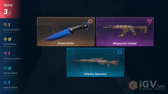 NA | 3 Skins | Silver 3 | Level 31 | Value VP 5200 | Prism Knife | Magepunk Vandal | Infantry Operator | Buddies 20 | Agent 4 | Card 22 | 